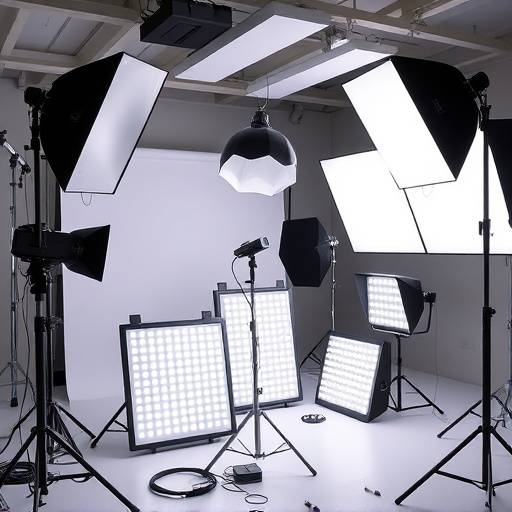 Arrangiamento di luci da studio, tra cui softbox e pannelli LED