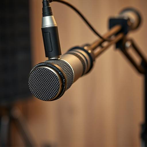 Primo piano di un microfono a condensatore da studio montato su asta