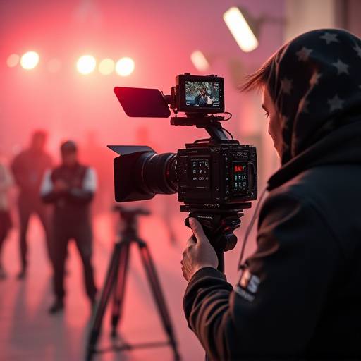 Scena di una ripresa video con telecamera professionale e operatore